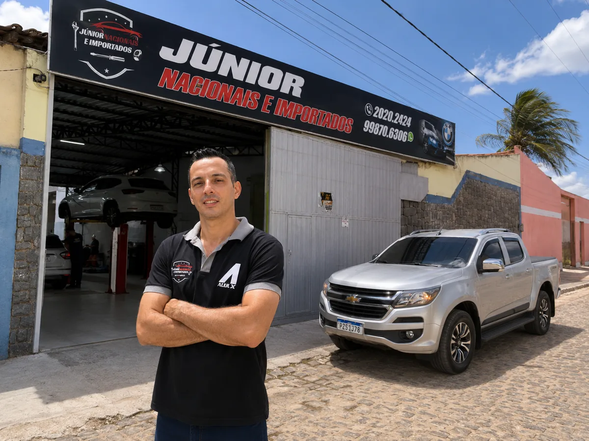 Fachada da oficina Júnior Nacionais e Importados, na Rua Carlos Lamas, com carro no elevador ao fundo